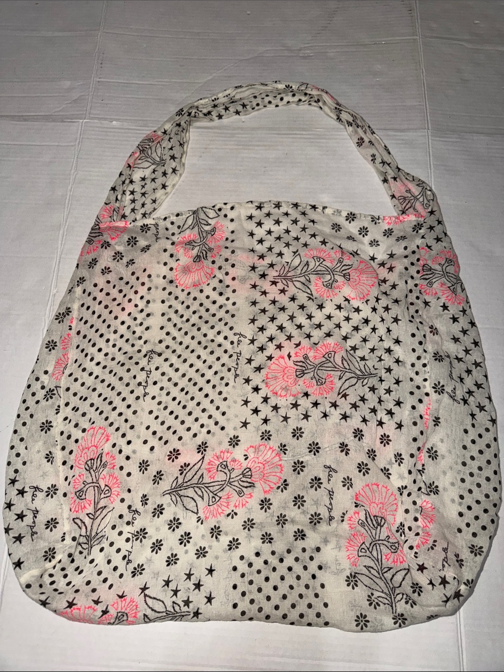 Free People White Canvas Tote with Pink Floral and Black Star Print